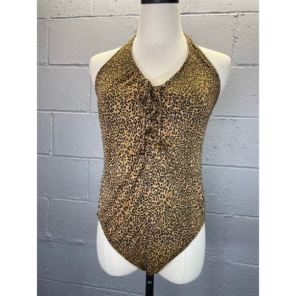 Vintage 1990s Leopard Print Halter Lace Up Bust High Cut Ome Piece Swimsuit M/L - Picture 3 of 10